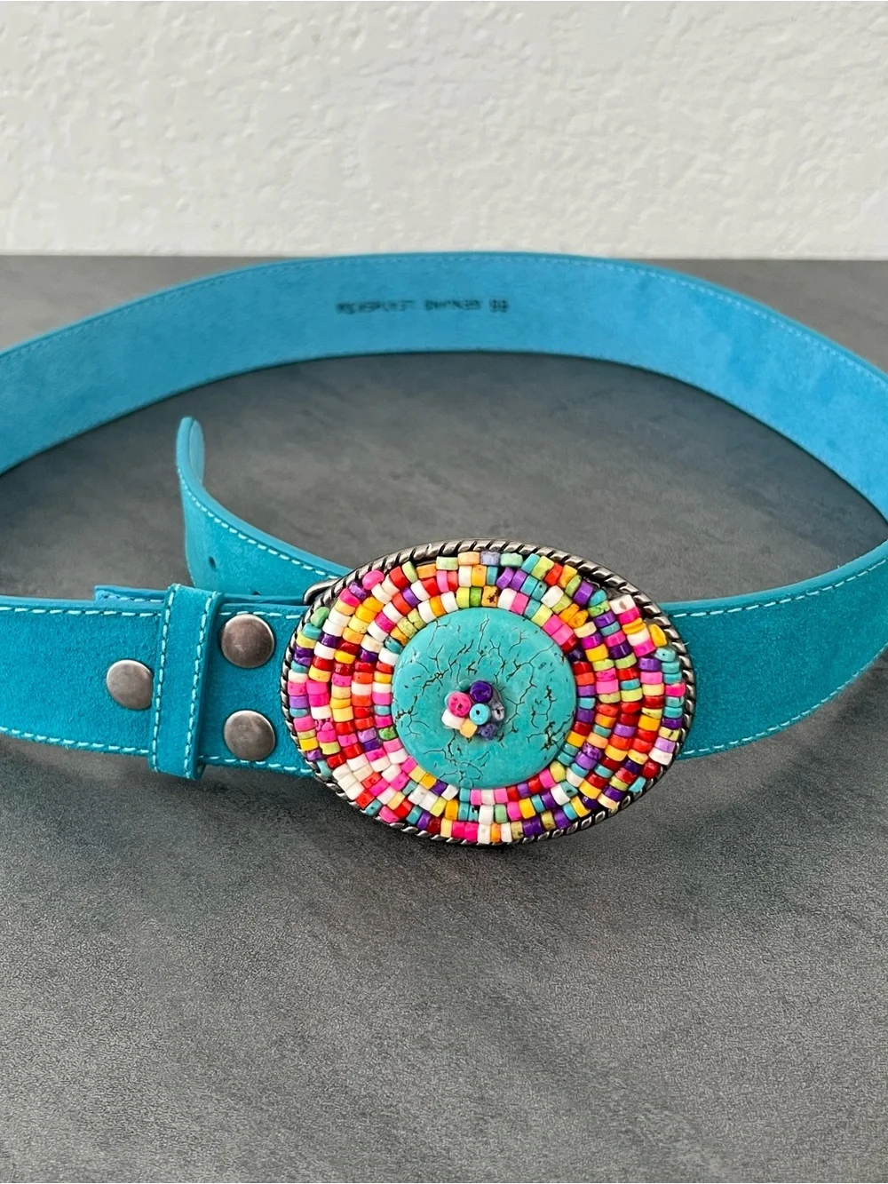 DC Vintage Turquoise Beaded Belt Buckle‎ Leather Women’s Size Medium / Large